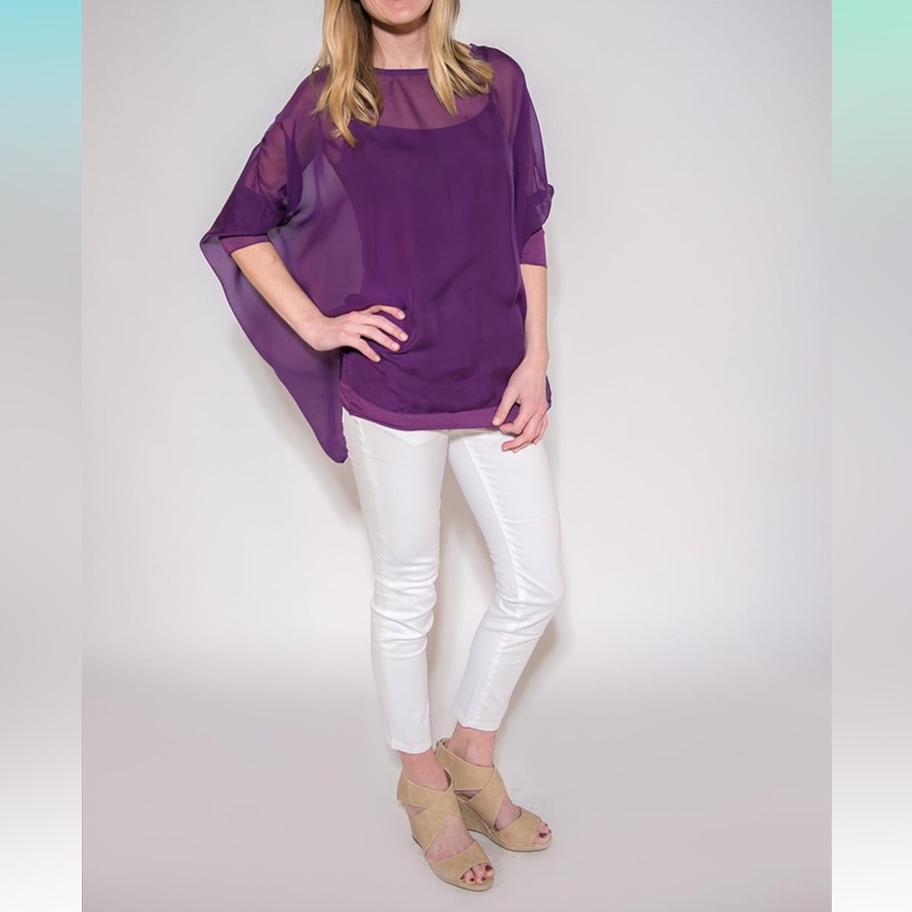 SOFIA- Italian Handmade Violet Silk Sheer Blouse Cape Top-Women’s OS